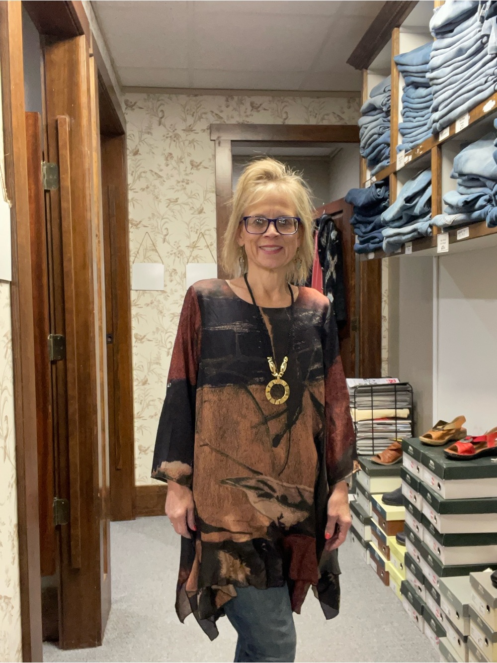 Abstract Print Tunic Top in Black, Rust & Brown